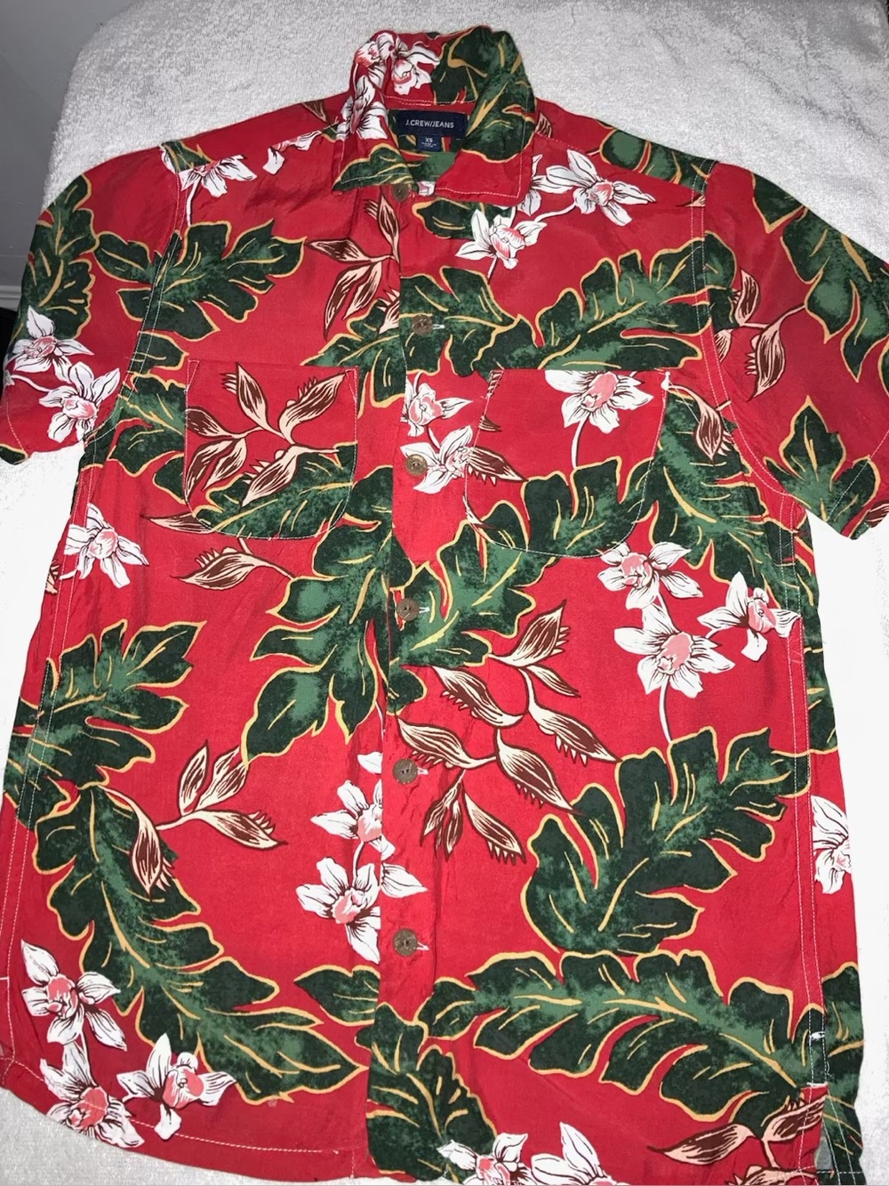 J. Crew Red Tropical Floral Camp Shirt with Green Leaves